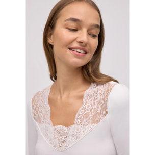 Maglietta termica con scollo a V e pizzo avorio
