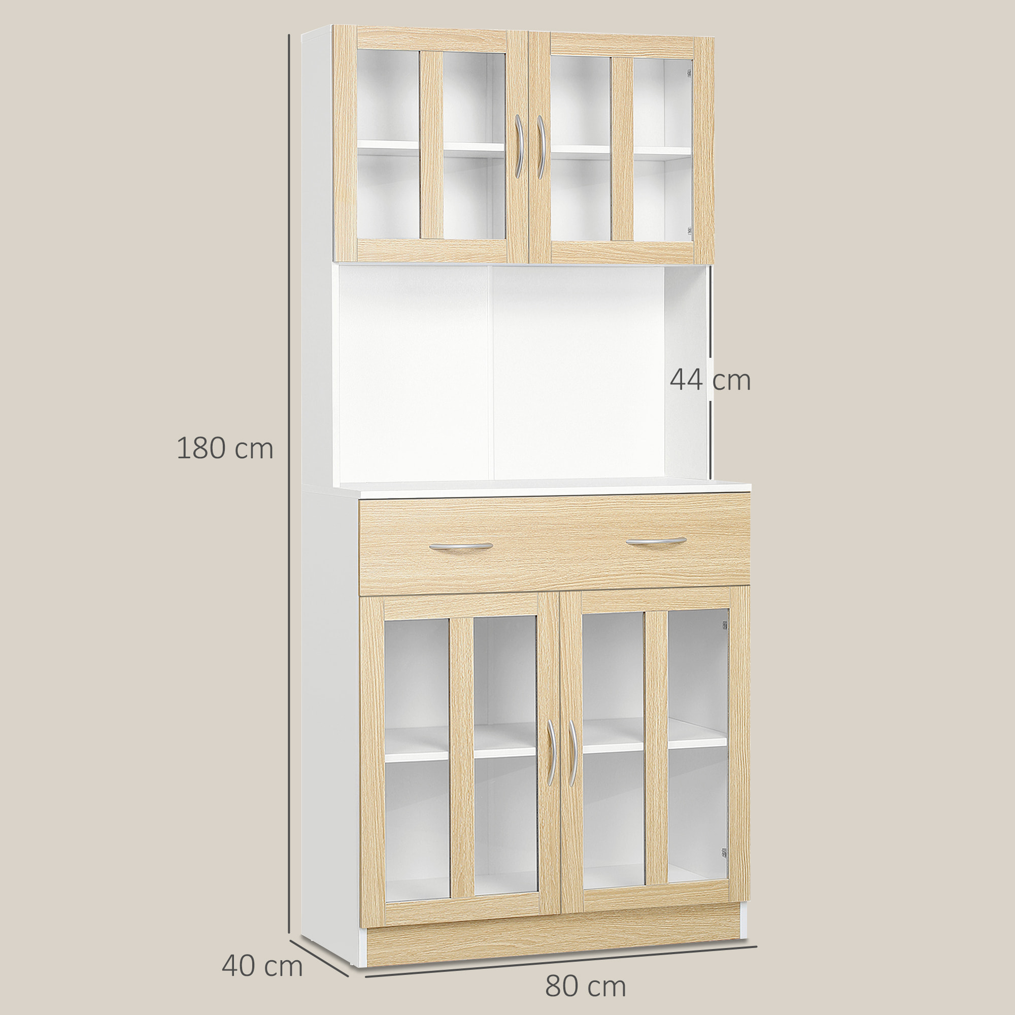 Alacena de Cocina Alta, Mueble Auxiliar de Cocina, con 4 Puertas de Vidrio, Encimera Abierta para Microondas, Cajón, Estantes Ajustables, 80x40x180 cm, Blanco y Natural