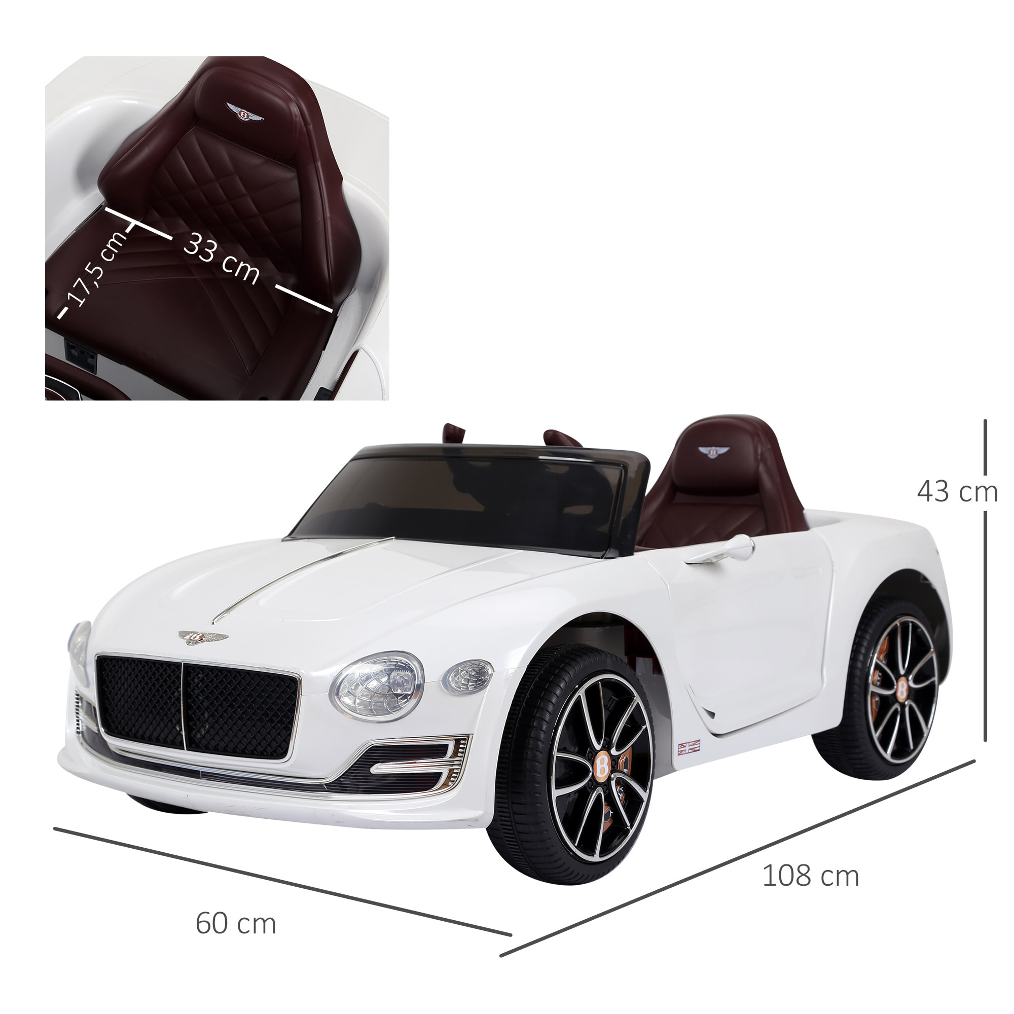 Véhicule électrique enfants 2 moteurs 108L x 60l x 43H cm télécommande effets sonores + lumineux blanc Bentley