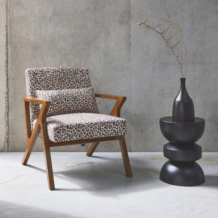 Fauteuil scandinave bois d'hévéa et imprimé léopard ANTOINE