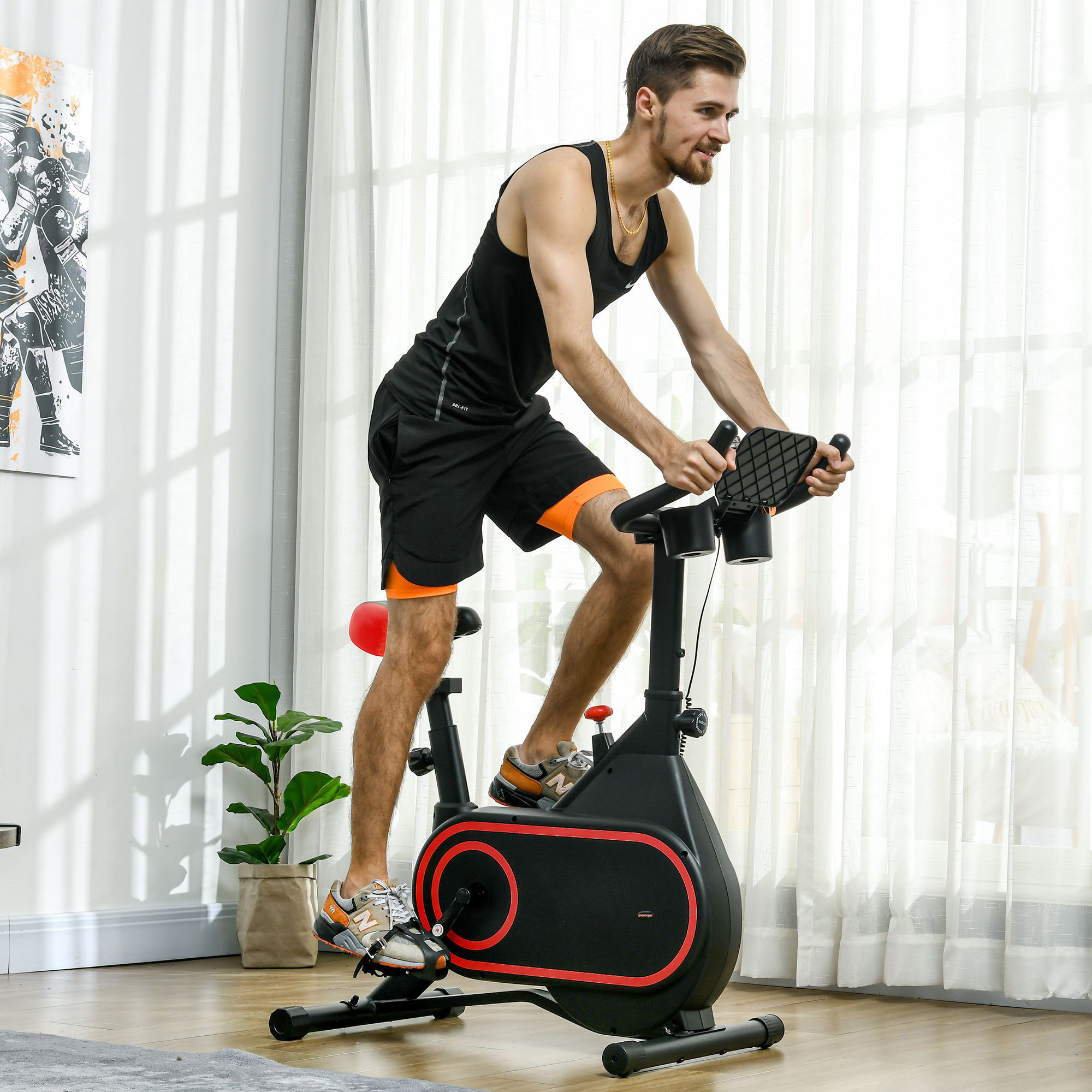 Bicicleta Estática Bici Estática con Volante de Inercia 4 kg Resistencia Magnética Ajustable Pantalla LCD Silencioso Asiento Ajustable y Soporte de Vasos Carga 120 kg para Casa Gimnasio Rojo