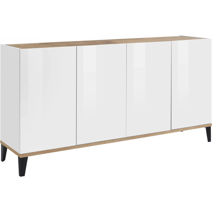 Credenza moderna a 4 ante, Made in Italy, Madia da cucina rialzata, Buffet di design da soggiorno, Cm 160x40h82, Bianco lucido e Acero