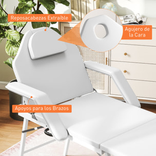 Camilla Masaje Plegable Portátil Camilla Estética Profesional de 3 Zonas con Respaldo Soporte para Piernas Ajustables Reposacabezas Extraíble Reposabrazos Acolchados para Spa 182x82 cm Blanco
