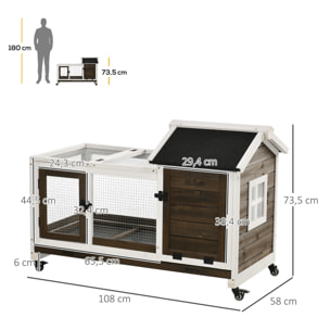 Conejera de Madera con Ruedas 108x58x73,5 cm con Techo Abrible Corral Metálico