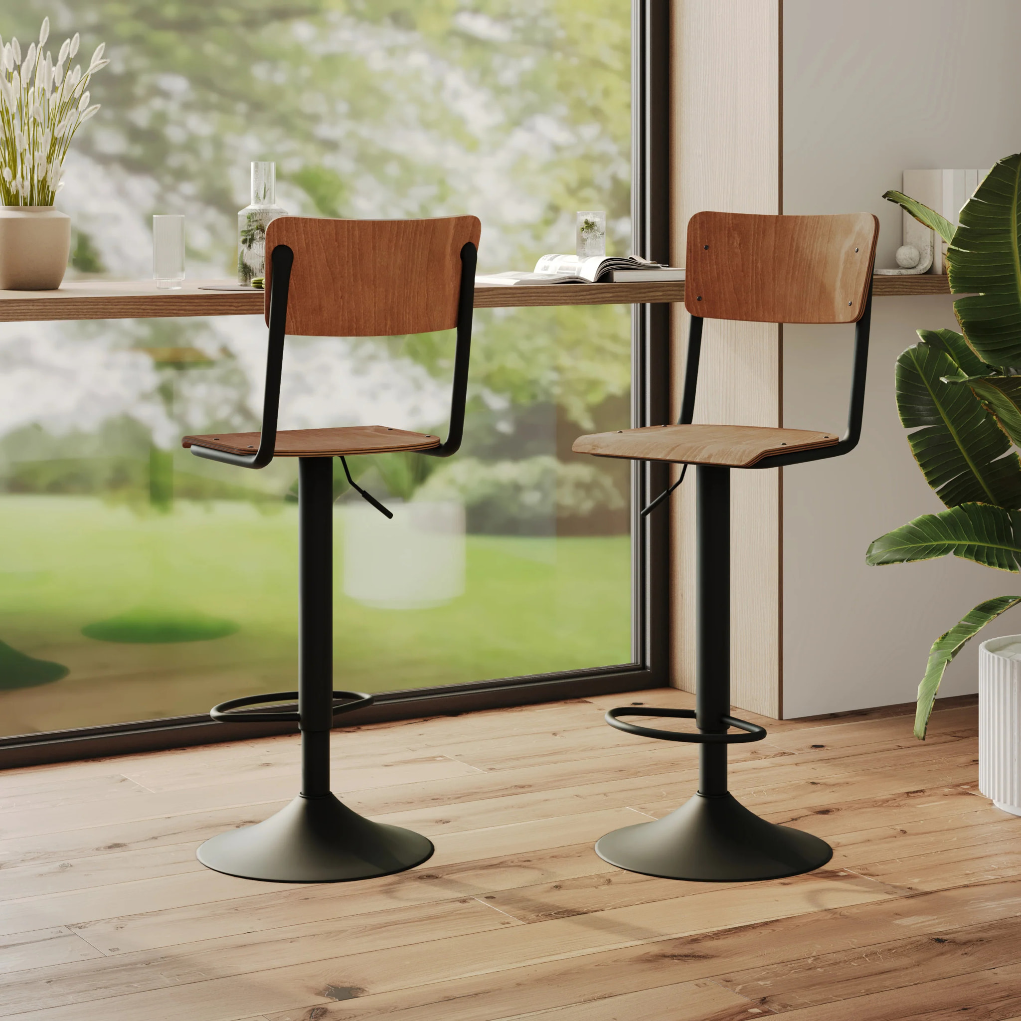 Lot de 2 chaises de bar réglables 60/80 cm en bois foncé - Clem