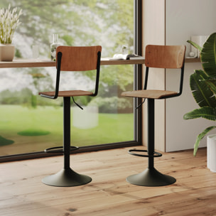 Lot de 2 chaises de bar réglables 60/80 cm en bois foncé - Clem