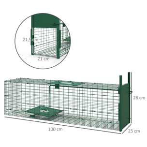 Piège de capture pour petits animaux type lapin rat - entrée, poignée - dim. 100L x 25l x 28H cm - acier vert