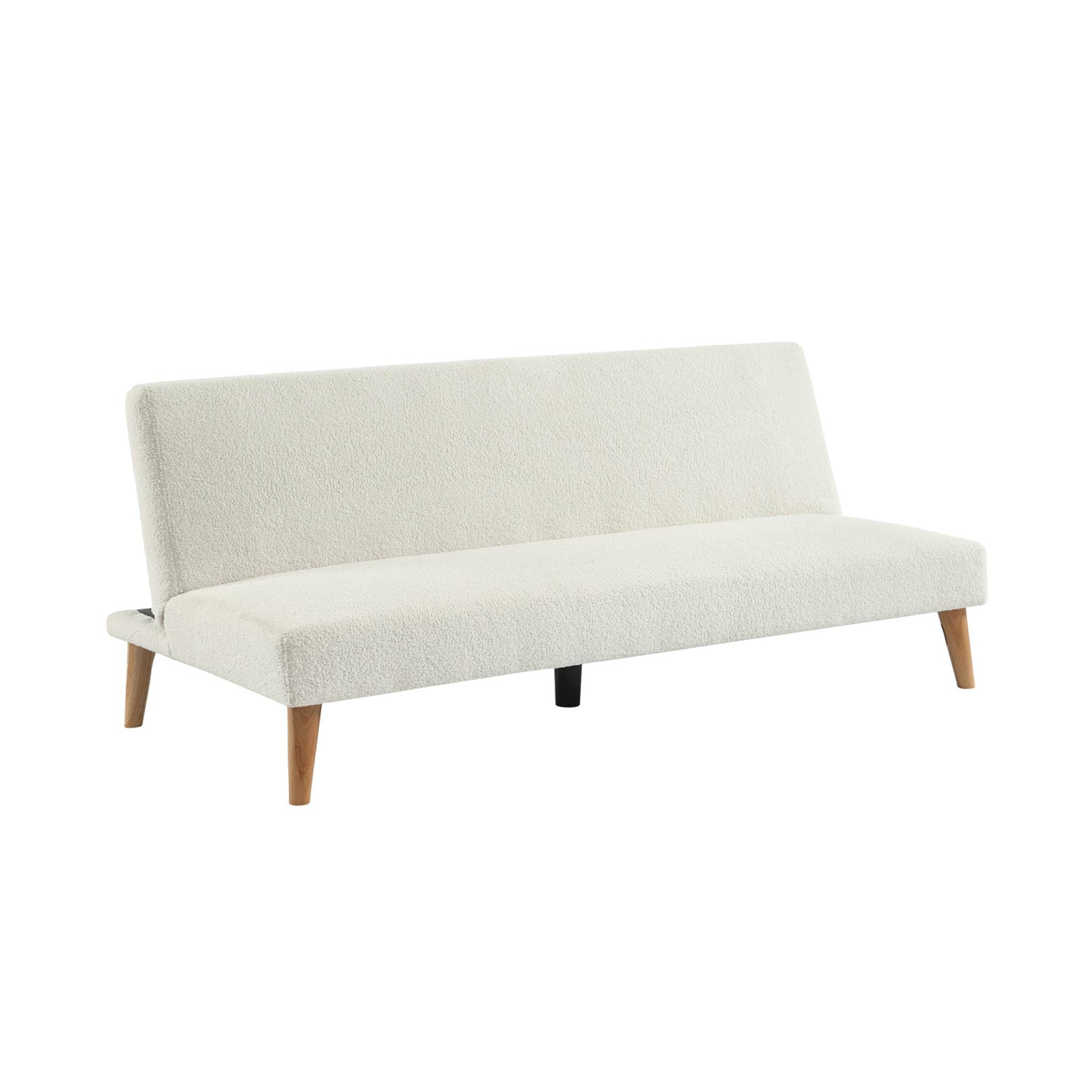 Canapé banquette convertible 3 places bouclette blanche piètement bois d'hévéa L 180 x P 100 x H 74.5 cm - Tom
