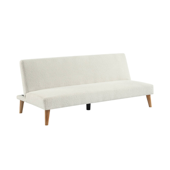 Canapé banquette convertible 3 places bouclette blanche piètement bois d'hévéa L 180 x P 100 x H 74.5 cm - Tom