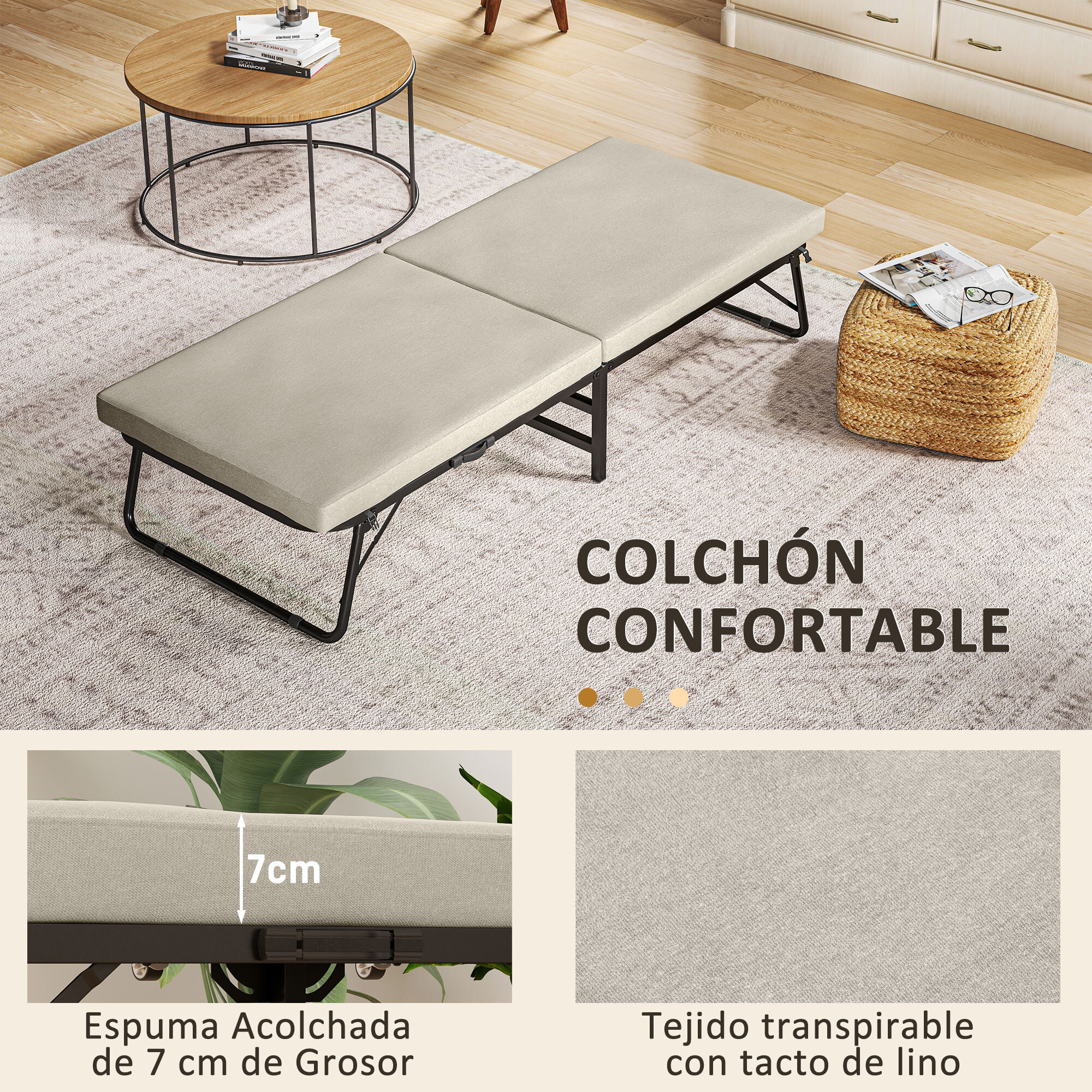 Cama Plegable 70x180 cm con Colchón de Espuma Mueble Cama Plegable con Respaldo Ajustable en 5 Posiciones y Ruedas Cama de Invitados Carga 120 kg