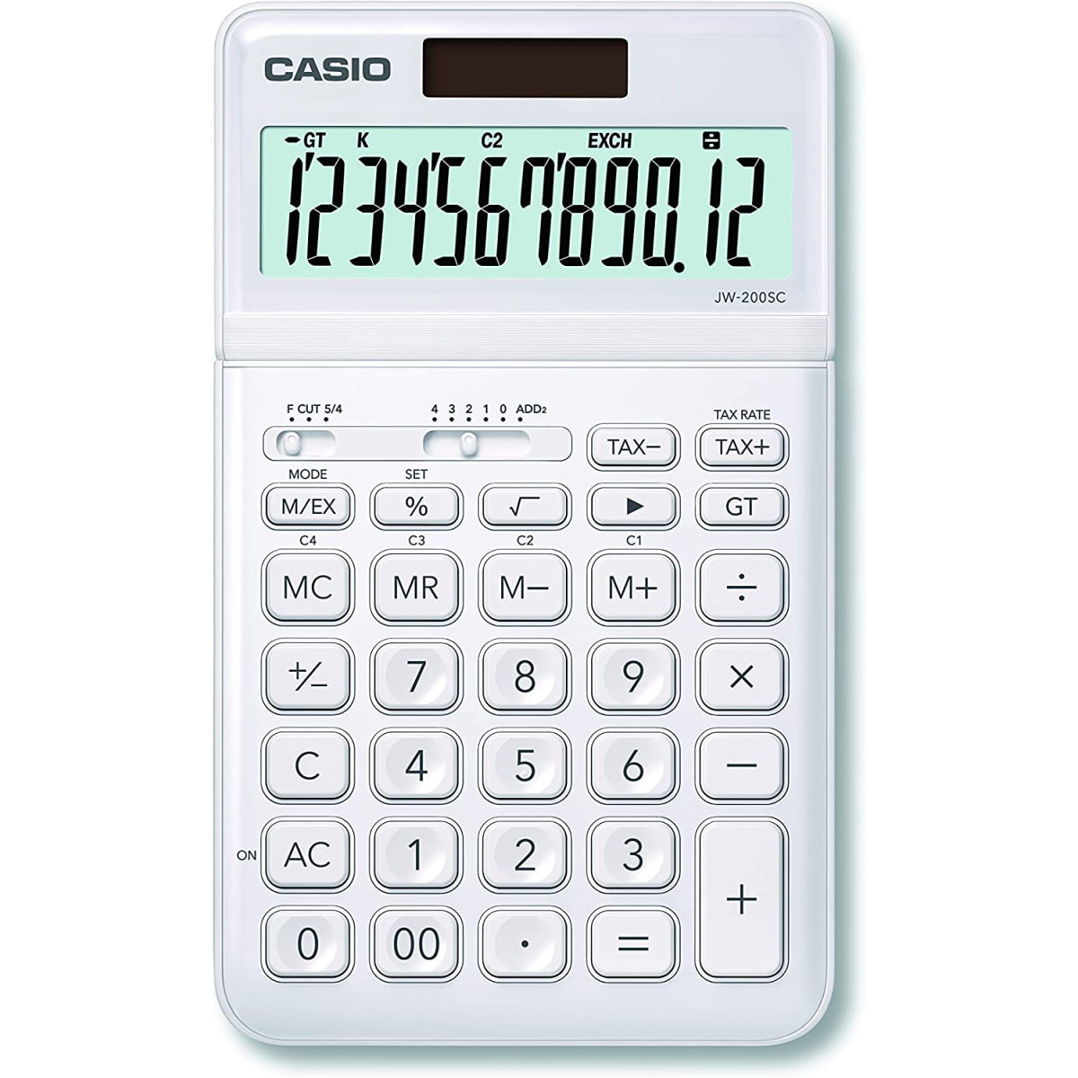 Casio Calculadora modelo JW-200SC-WEFuncion de cambio de divisa calculo de impuestos placa frontal metalica pantalla de inclinacion ajustable solar y a pilas