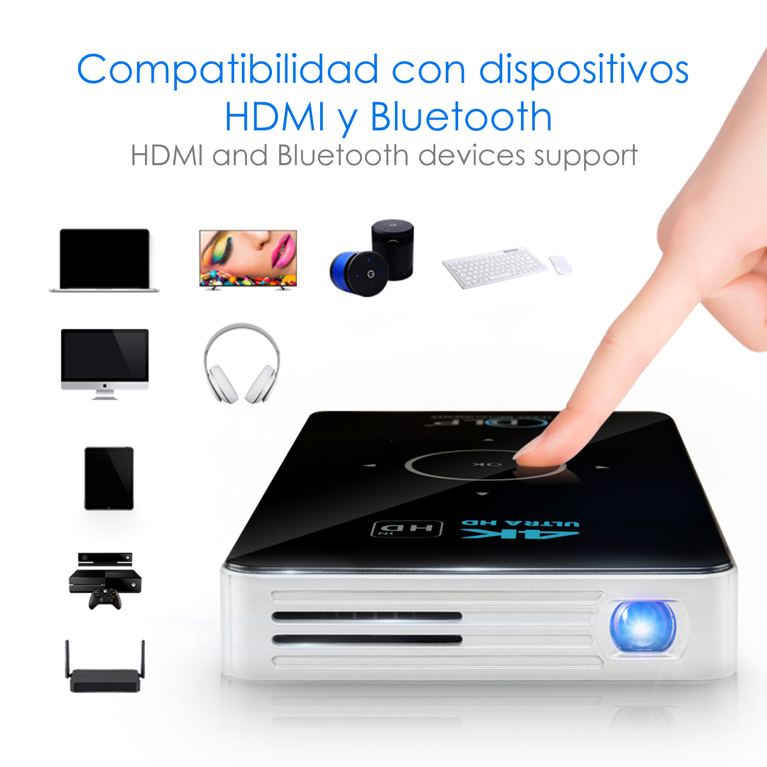 DAM Mini video proyector LED portátil C6, DLP. Batería recargable, 30 a 120 pulgadas. Duplicación de pantalla. 854x480px. Memoria 32GB. 14,5x8x1,8 Cm. Color: Negro