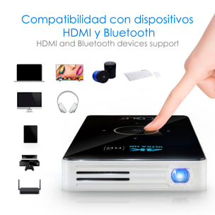 DAM Mini video proyector LED portátil C6, DLP. Batería recargable, 30 a 120 pulgadas. Duplicación de pantalla. 854x480px. Memoria 32GB. 14,5x8x1,8 Cm. Color: Negro
