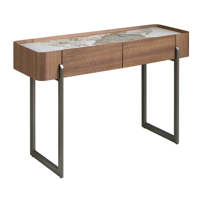 Consola rectangular en madera chapada en nogal natural y tapa de mármol porcelánico blanco con vetas en tonos tierra en brillo 120x40x76cm
