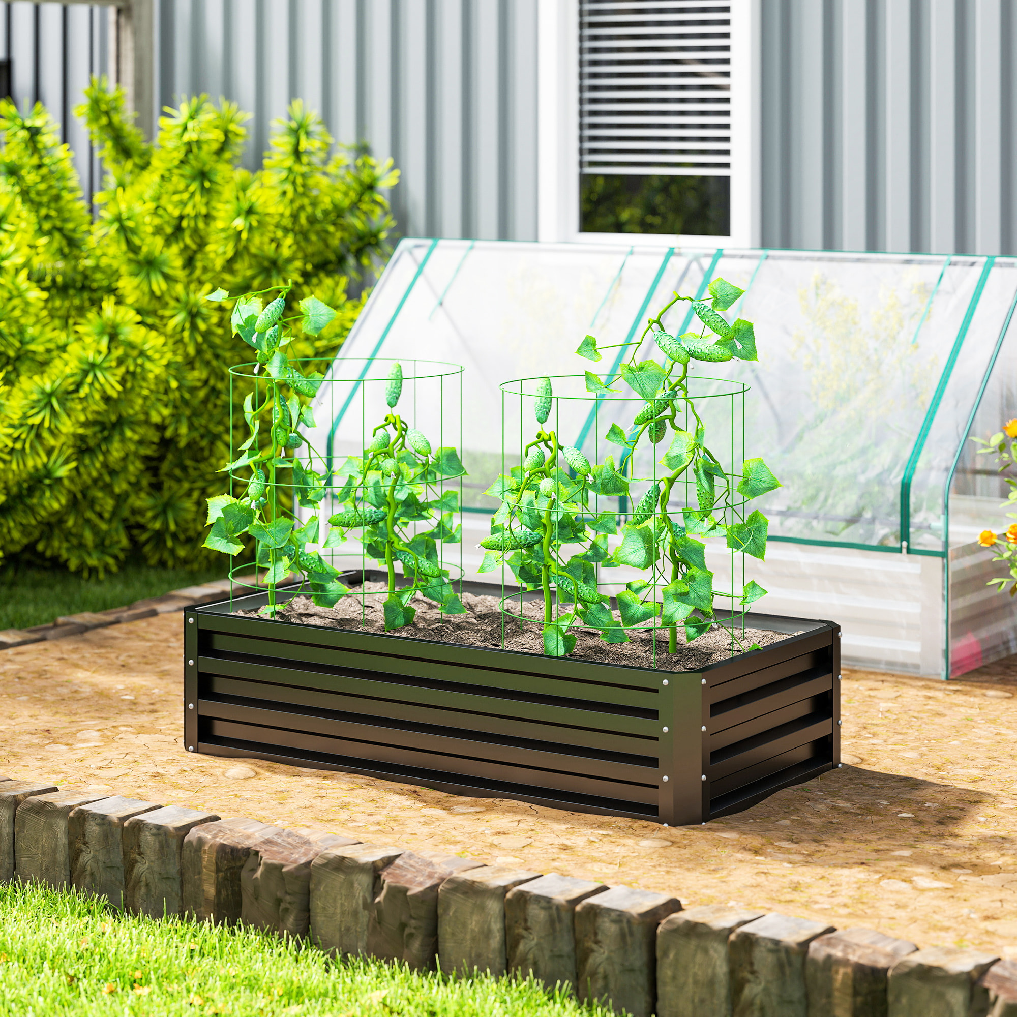 Jardinera Exterior Grande de Acero Galvanizado, Huerto Urbano Elevado para Cultivar Plantas, Flores, Hierba, Macetero Exterior Rectangular con Fondo Abierto, 120x60x30,5 cm, Gris