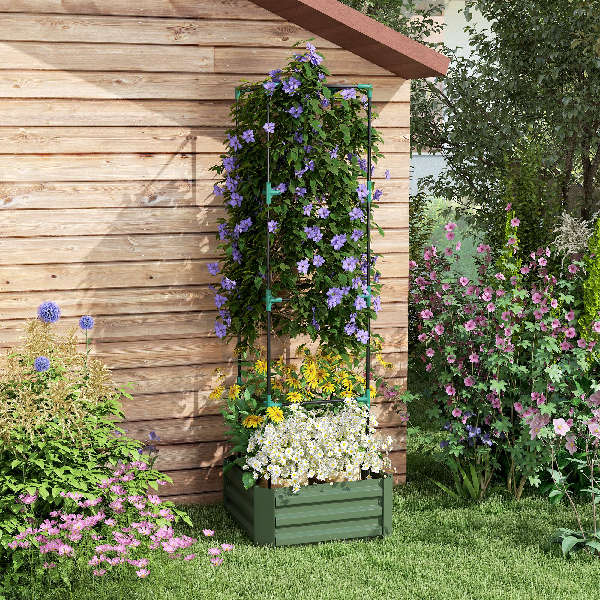 Carré potager de jardin avec tuteur modulable tôle d'acier ondulée vert
