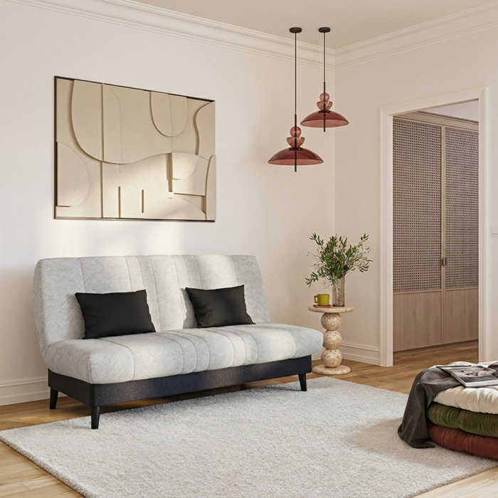 Canapé convertible Elios, matelas Simmons, 130 x 190 cm, 2 coussins offerts, Tambre perle