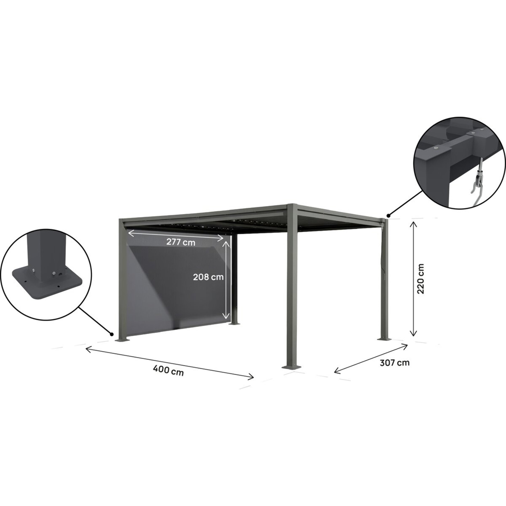 Pergola bioclimatique avec store en acier galvanisé "Howard" - 3 x 4 m - Gris