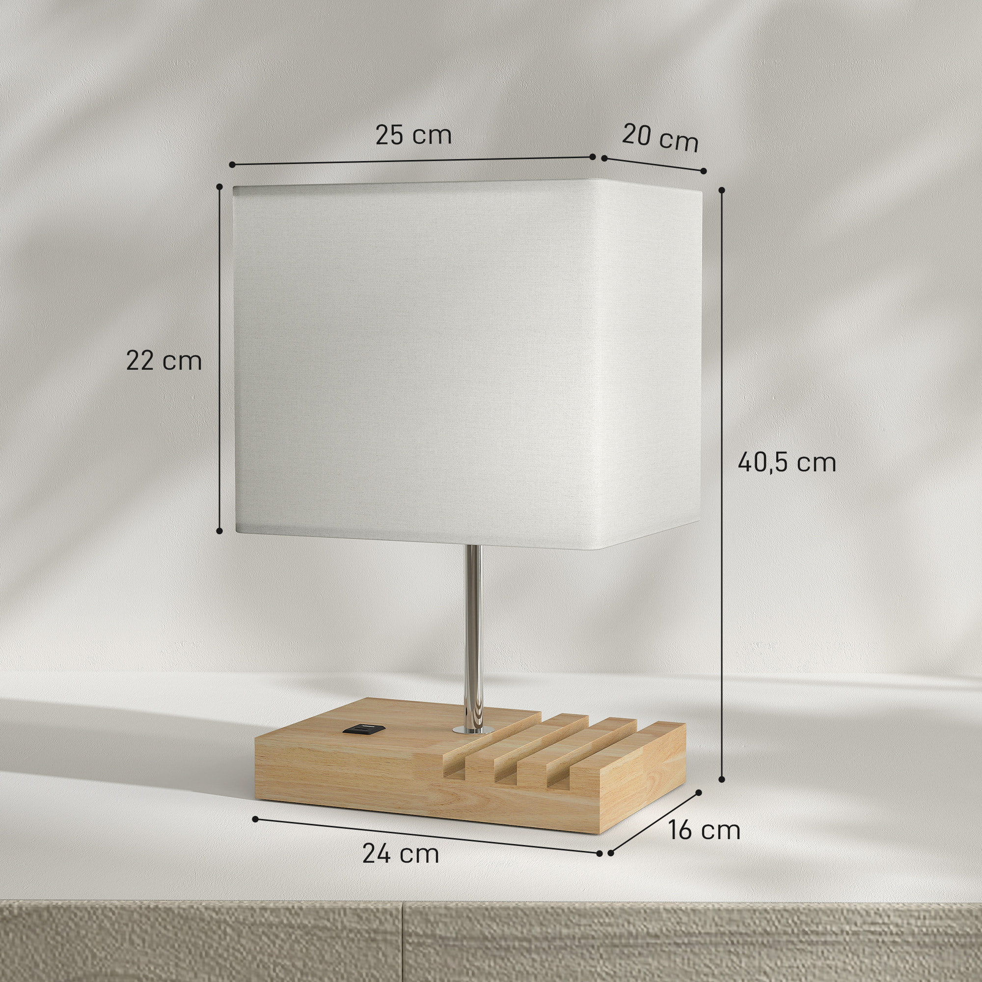 Lámpara de Mesa con Puertos USB-A/C, Tres Ranuras para Teléfonos, Lámpara de Mesita de Noche Moderno con Base de Madera y Pantalla de Tela, para Dormitorio, Salón, E27, 40W, Blanco