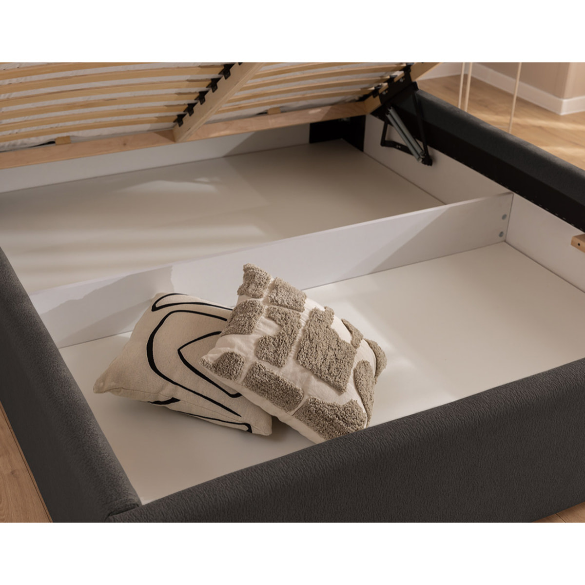 Billy - lit coffre - 140x190 cm - en tissu texturé - sommier inclus - Gris Anthracite