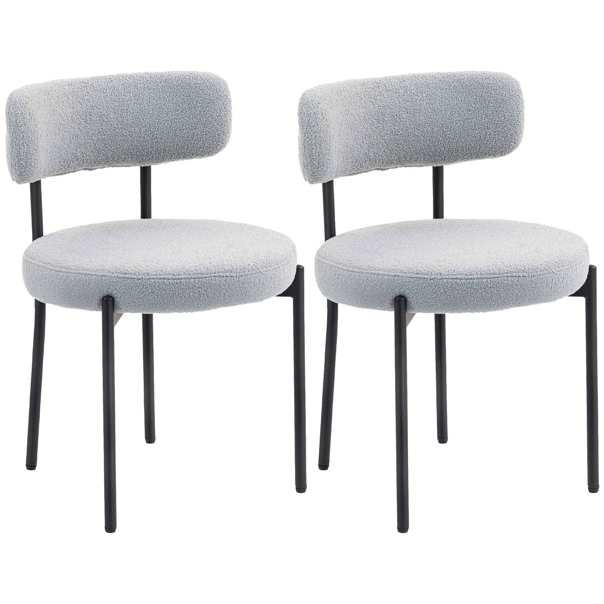 Lot de 2 chaises de salon style néo-rétro - assise ronde, dossier enveloppant - acier noir effet laine bouclée gris