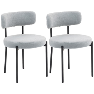 Lot de 2 chaises de salon style néo-rétro - assise ronde, dossier enveloppant - acier noir effet laine bouclée gris