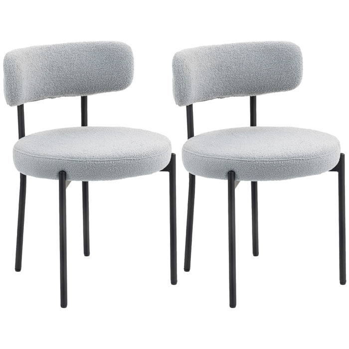 Lot de 2 chaises de salon style néo-rétro - assise ronde, dossier enveloppant - acier noir effet laine bouclée gris