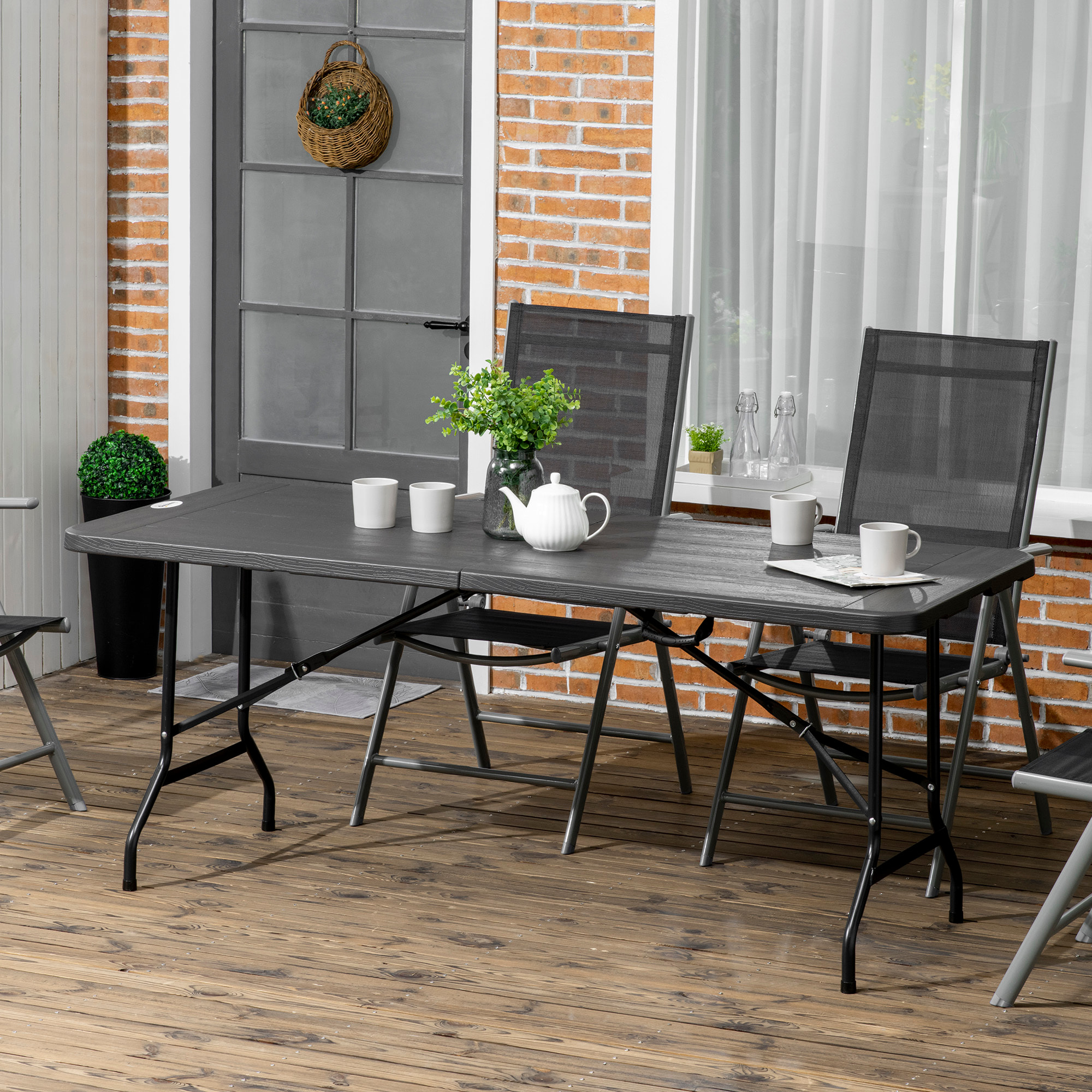 Mesa Plegable de Jardín Rectangular Portátil 180x75,5x73 cm Mesa Jardín Exterior de Acero y HDPE con Asa de Transporte para 6 Personas Carga 100 kg Gris Oscuro