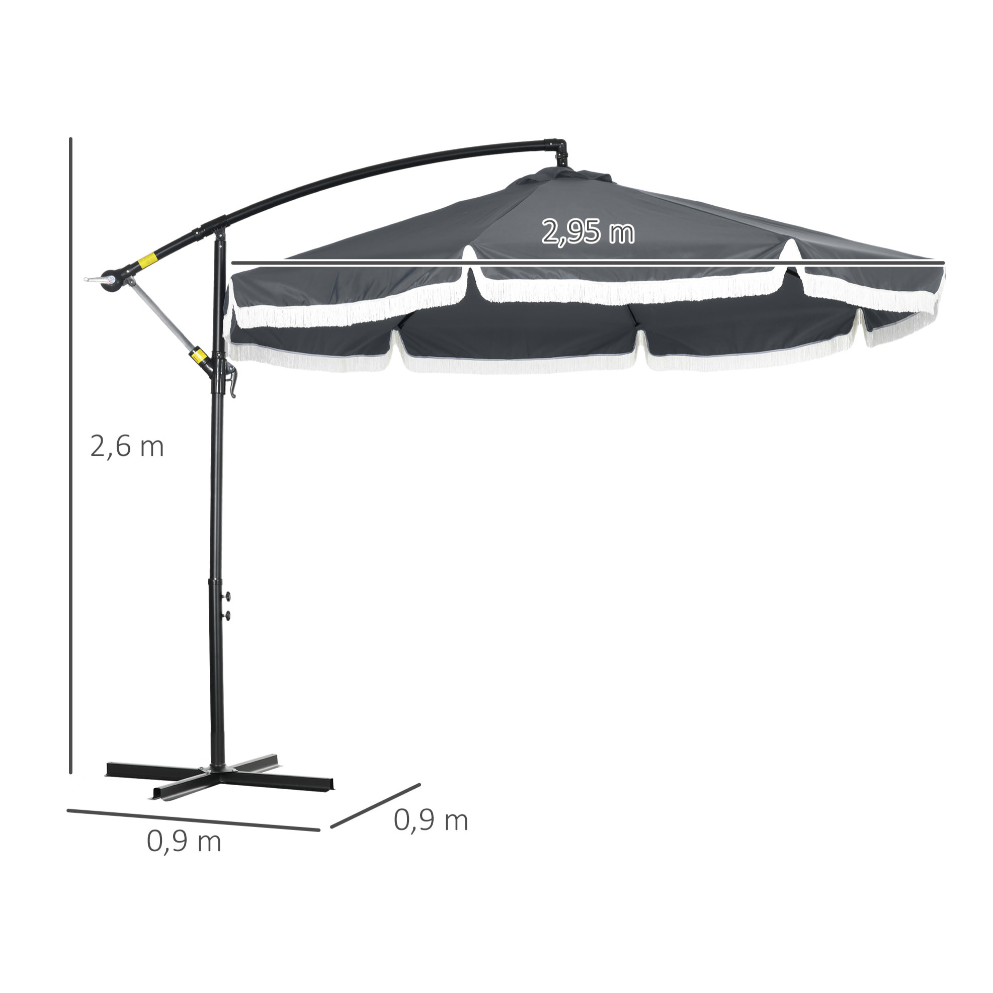 Parasol déporté grande taille dim. Ø2,95 x 2,6H m manivelle pied en croix 8 baleines gris