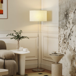 Lampadaire style néo-rétro abat jour lin beige H.133-168 cm réglable avec télécommande métal argenté