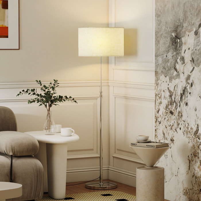 Lampadaire style néo-rétro abat jour lin beige H.133-168 cm réglable avec télécommande métal argenté