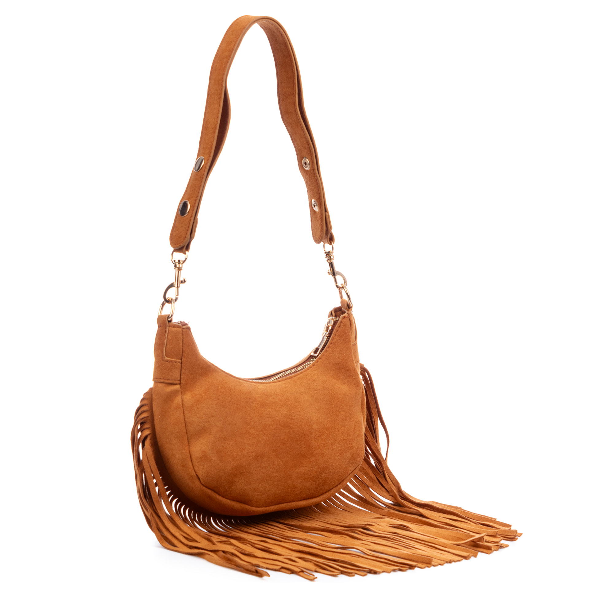 Ateleta borsa a tracolla in vera pelle scamosciata, con frange.