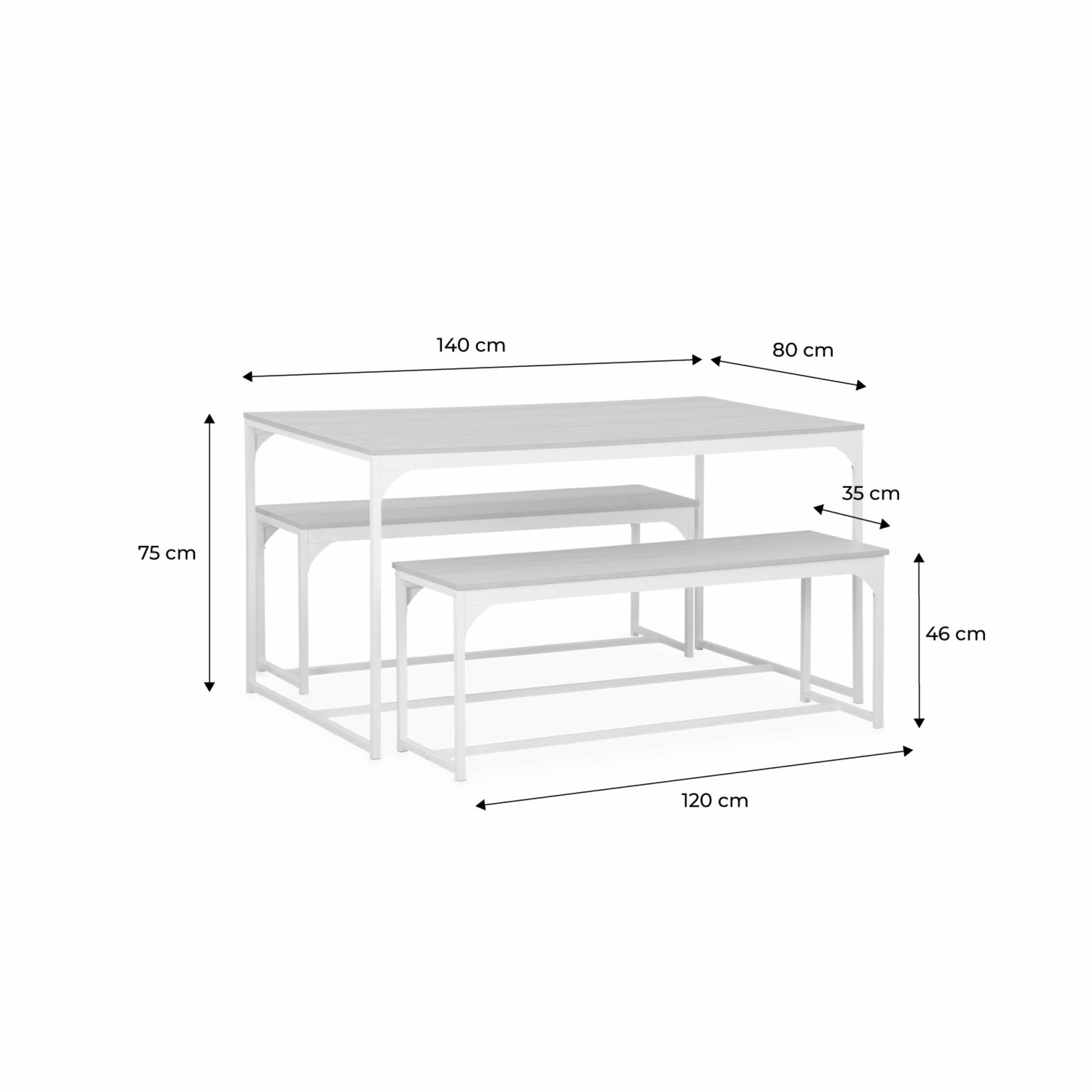 Set LOFT table rectangulaire en acier noir L140x l80 x H75cm. 2 bancs de L120x l35x H46cm. 4 places