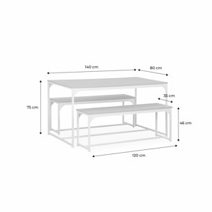 Set LOFT table rectangulaire en acier noir L140x l80 x H75cm. 2 bancs de L120x l35x H46cm. 4 places