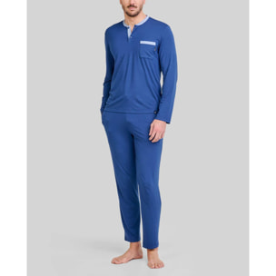 Pijama hombre suave tejido, escote con abertura de botones, manga larga y pantalón largo de corte regular con bolsillos laterales