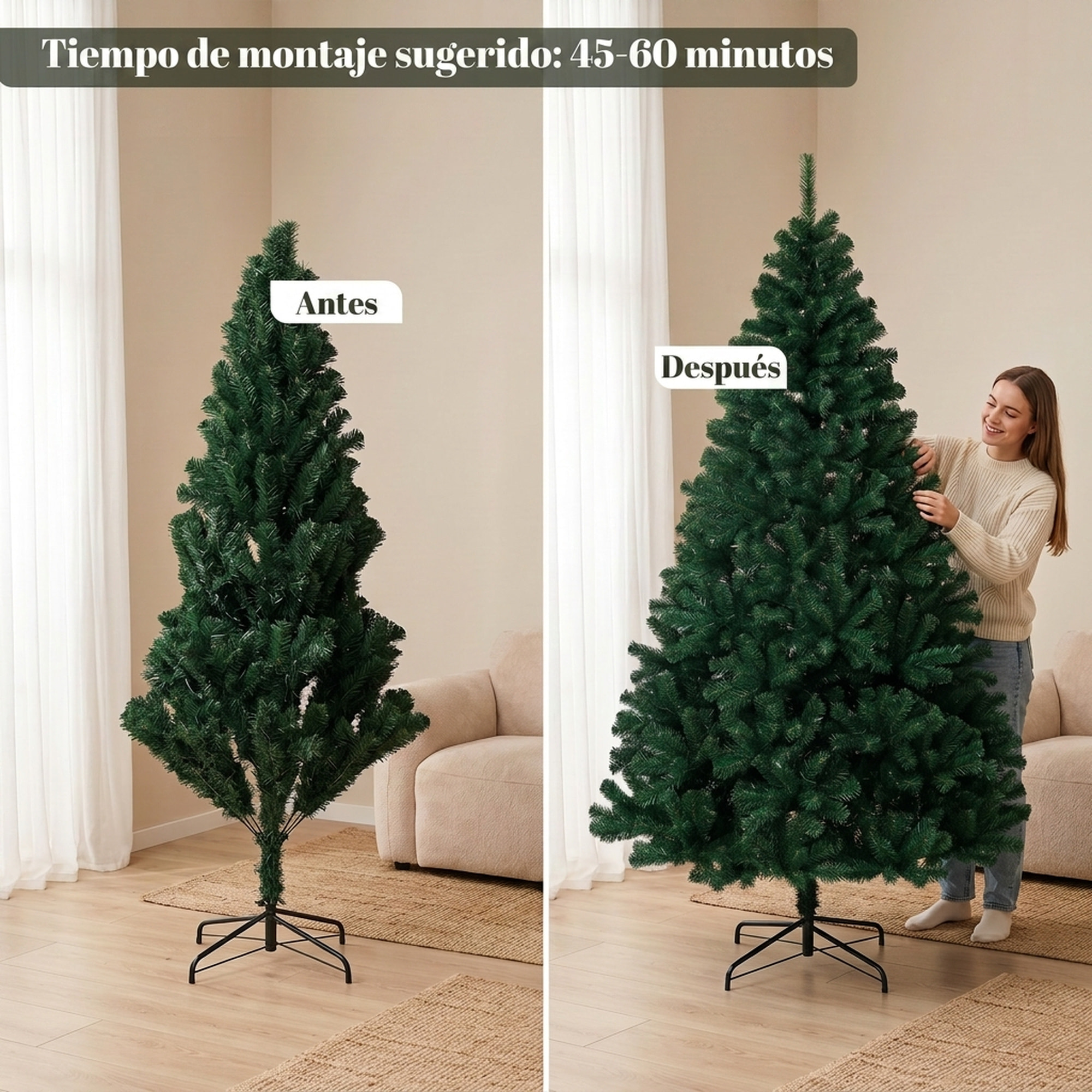 Árbol de Navidad Artificial de 230 cm, Árbol de Navidad de Abeto con Ramas Articuladas, 1300 Puntas de PVC Ignífugo, Montaje Rápido, Soporte de Acero Plegable, Verde
