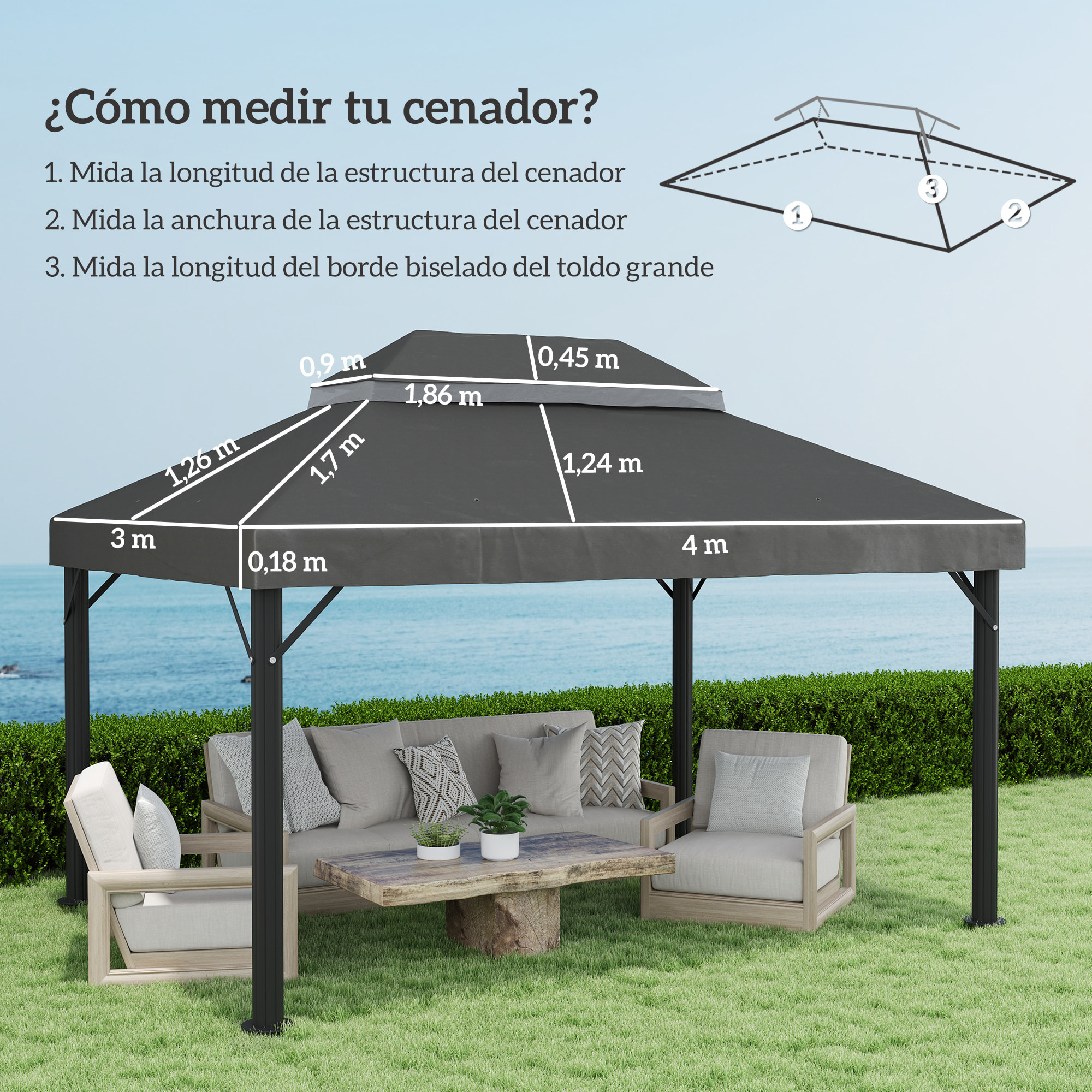Techo de Repuesto para Cenador, 4x3 m, Cubierta de Repuesto con Techo Doble, Orificios de Drenaje y Protección UPF30+, SOLO Toldo de Recambio para Pabellón Gazebo, Gris Oscuro