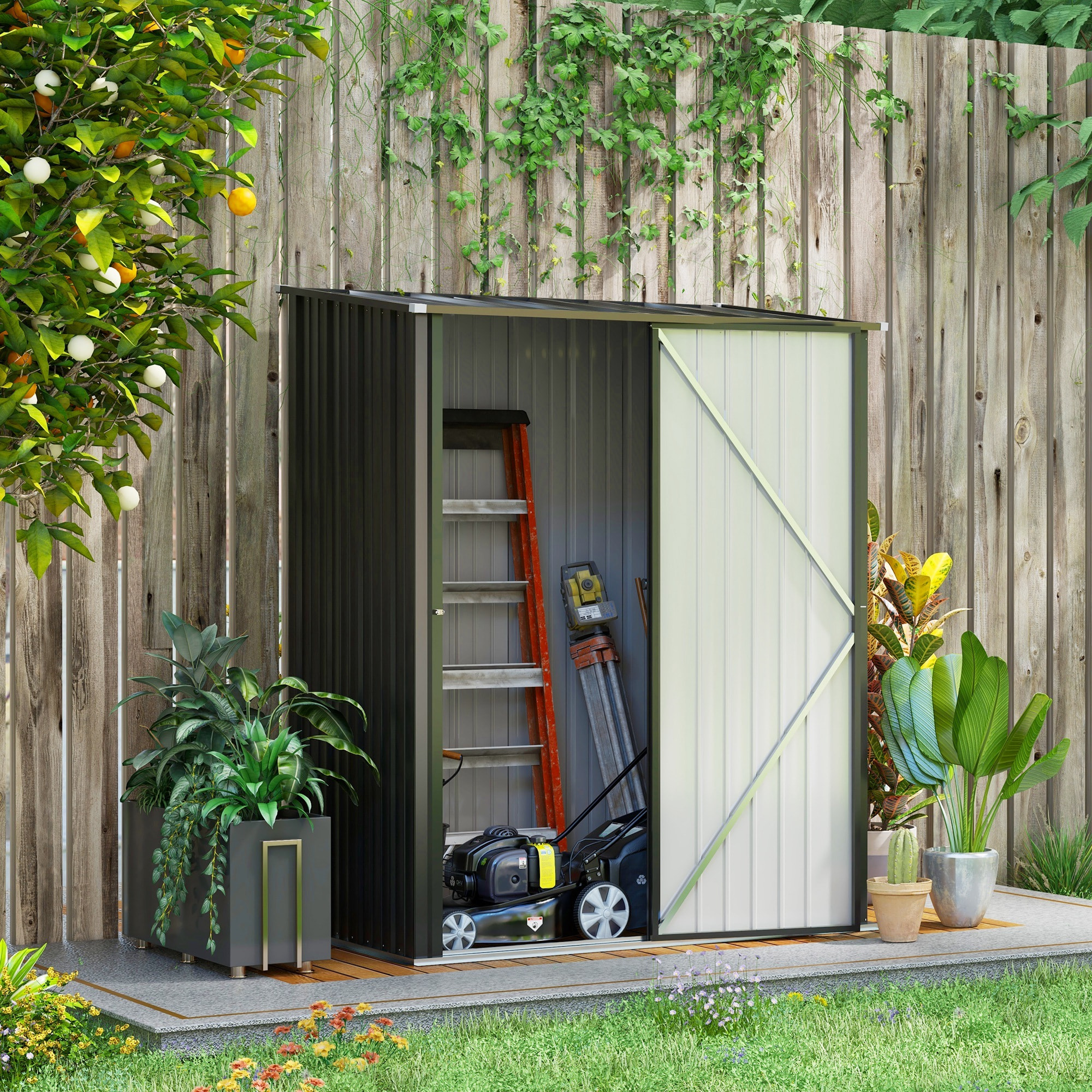 Cobertizo de Jardín Exterior 1,34 m² 161,5x94,5x196 cm Caseta de Jardín Exterior Metálica con 1 Puerta y Cerradura para Almacenamiento de Herramientas para Patio Terraza Negro Carbón