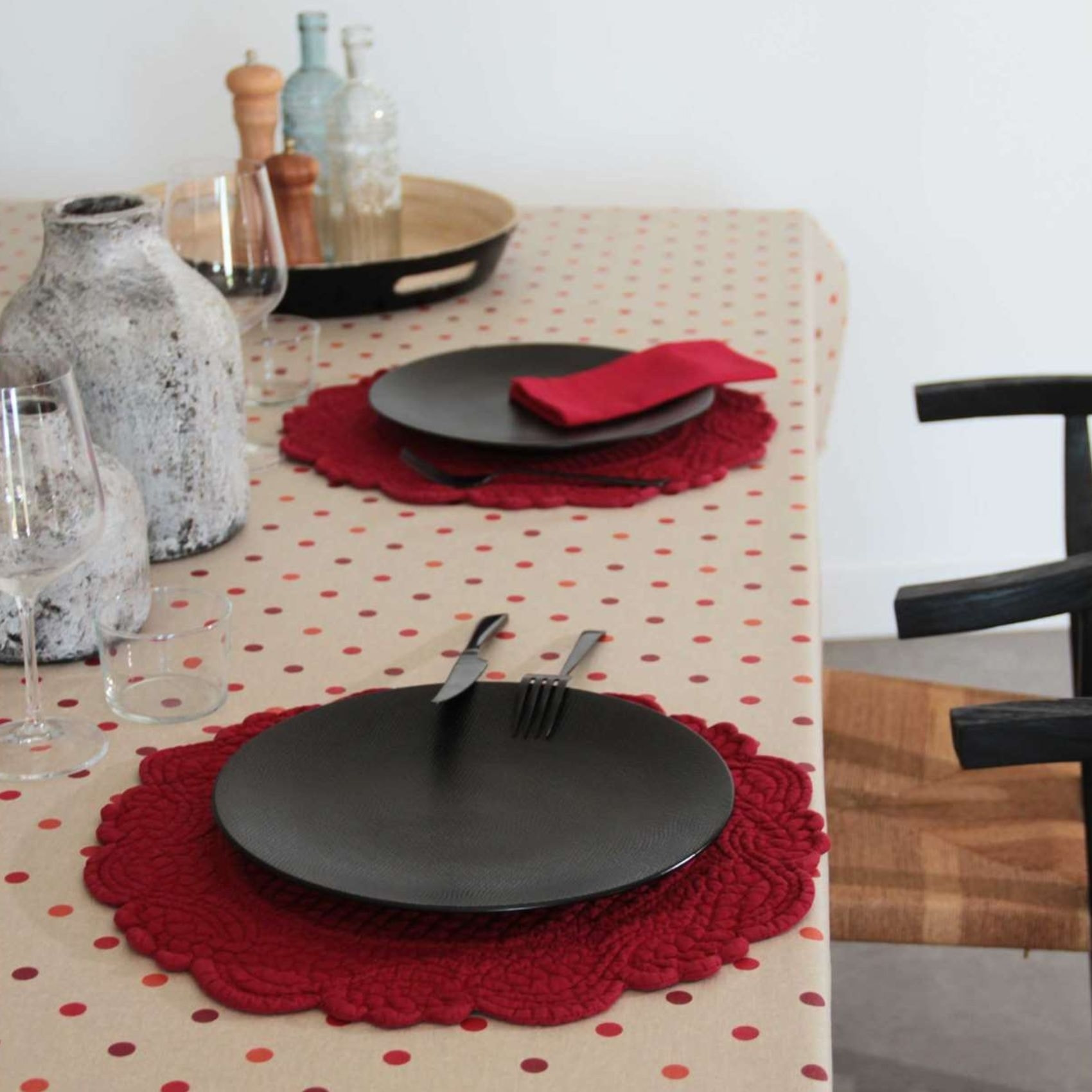 Set de table rond lavable matelassé coton - Rouge