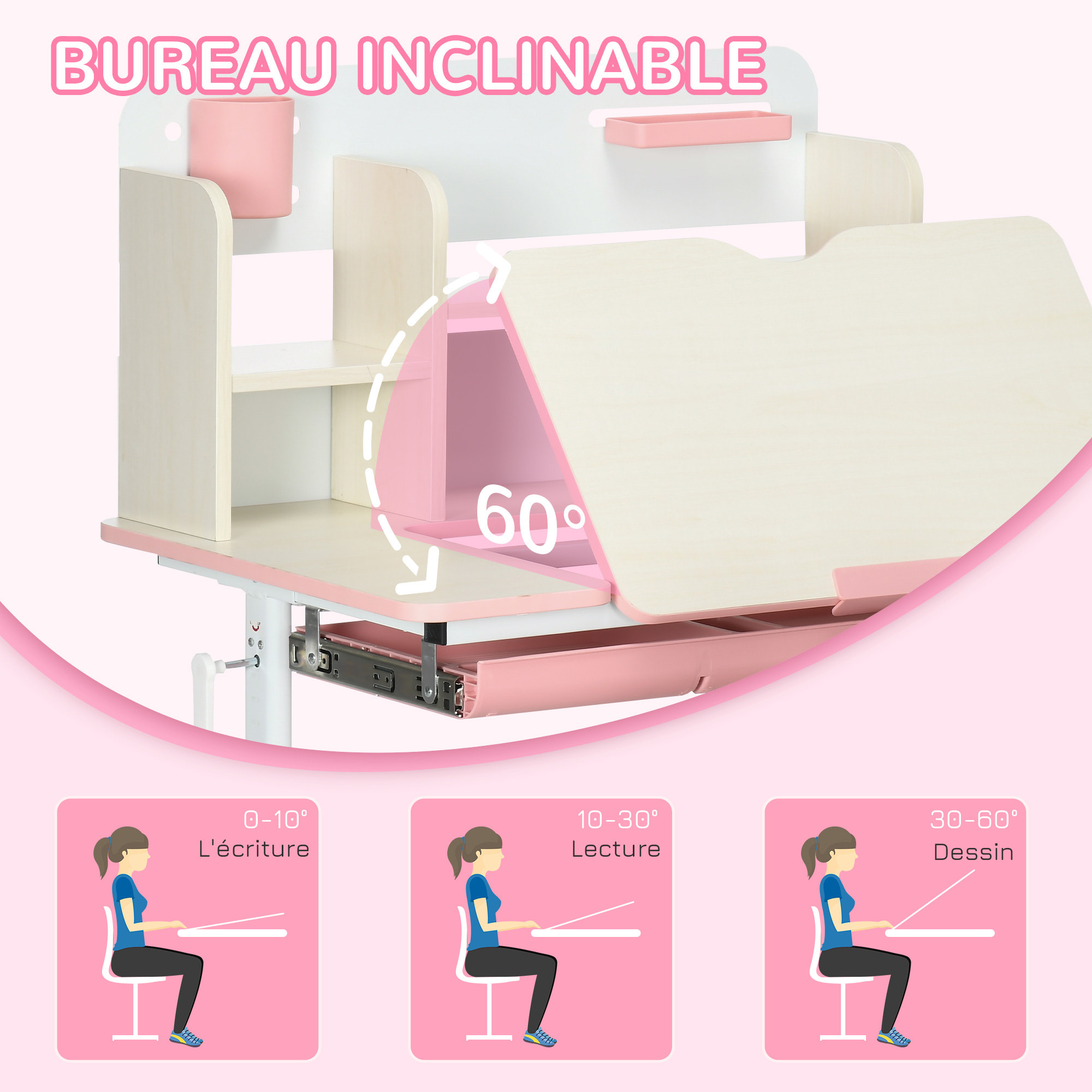Ensemble bureau chaise enfant hauteur réglable plateau inclinable nombreux rangements blanc rose effet bois clair
