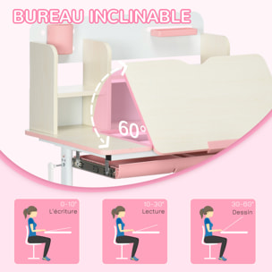 Ensemble bureau chaise enfant hauteur réglable plateau inclinable nombreux rangements blanc rose effet bois clair