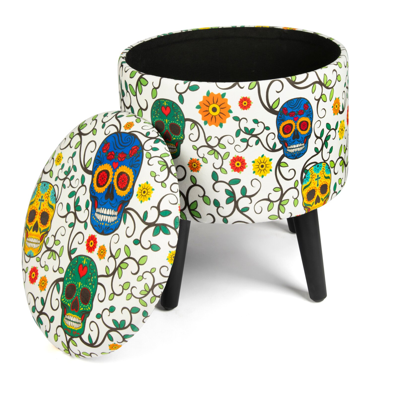 Pouf contenitore Excelsa Calavera in velluto e legno 38x38x45 cm multicolore