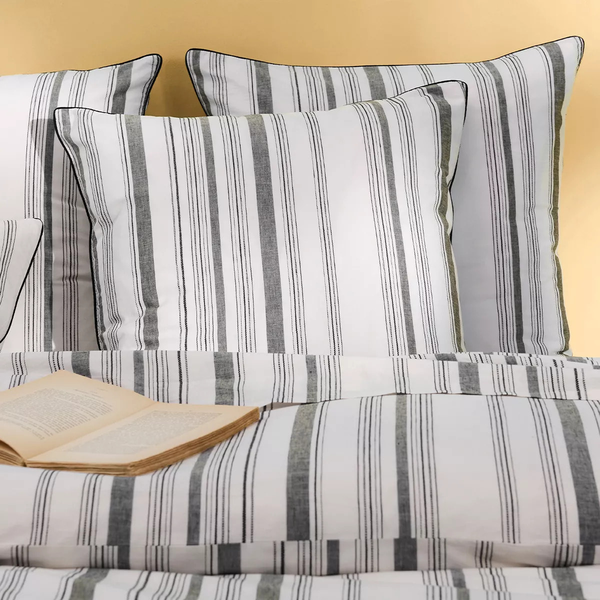 Lot h.couette +taies pur coton lavé rayé anthracite noir Portland granit