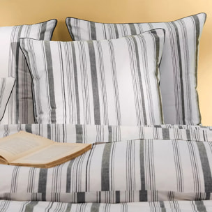 Lot h.couette +taies pur coton lavé rayé anthracite noir Portland granit