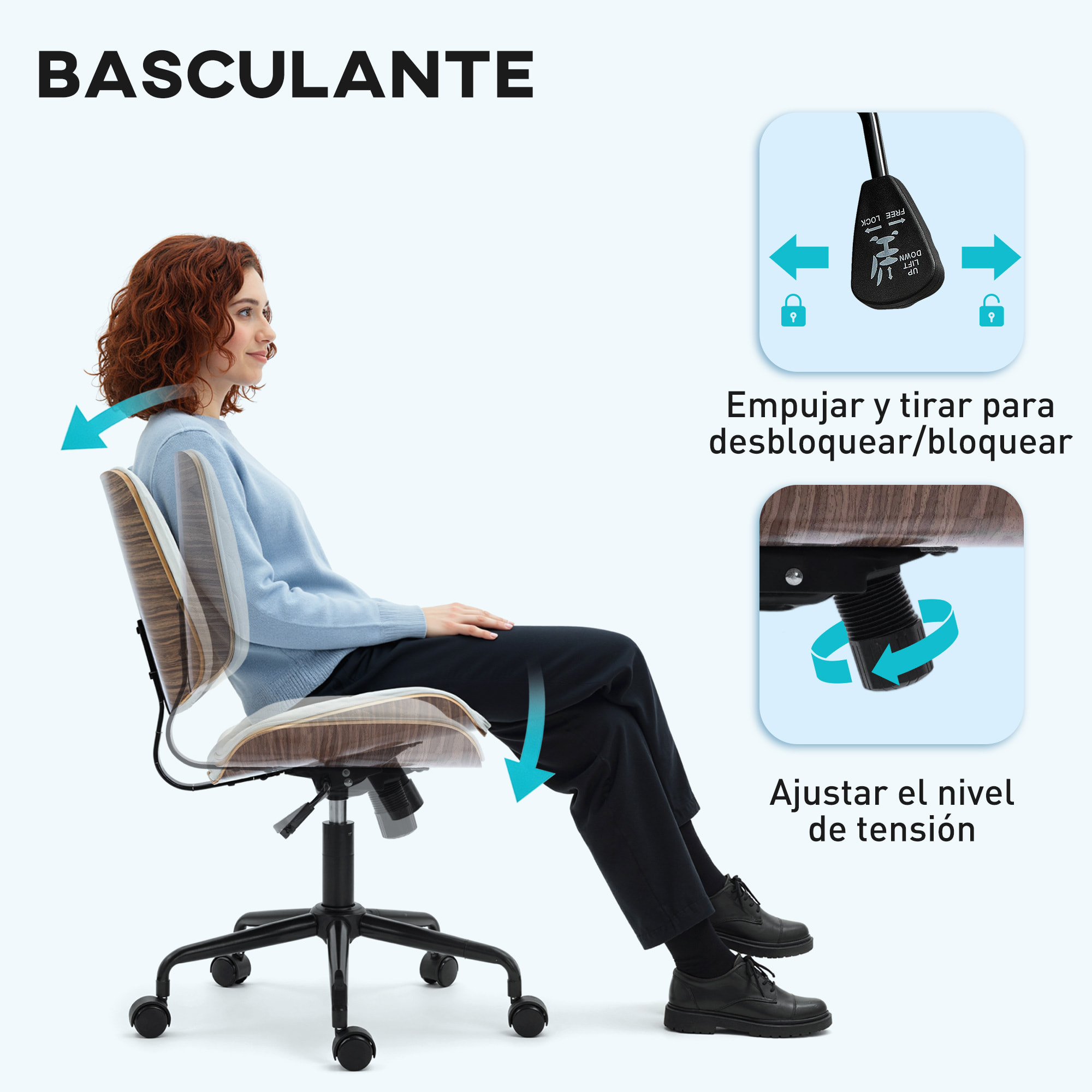 Silla de Escritorio sin Brazos, Silla de Oficina Giratoria, Tapizada en Cuero Sintético, con Respaldo Curvado, Asiento Forma U, Altura Ajustable, Basculante, Blanco