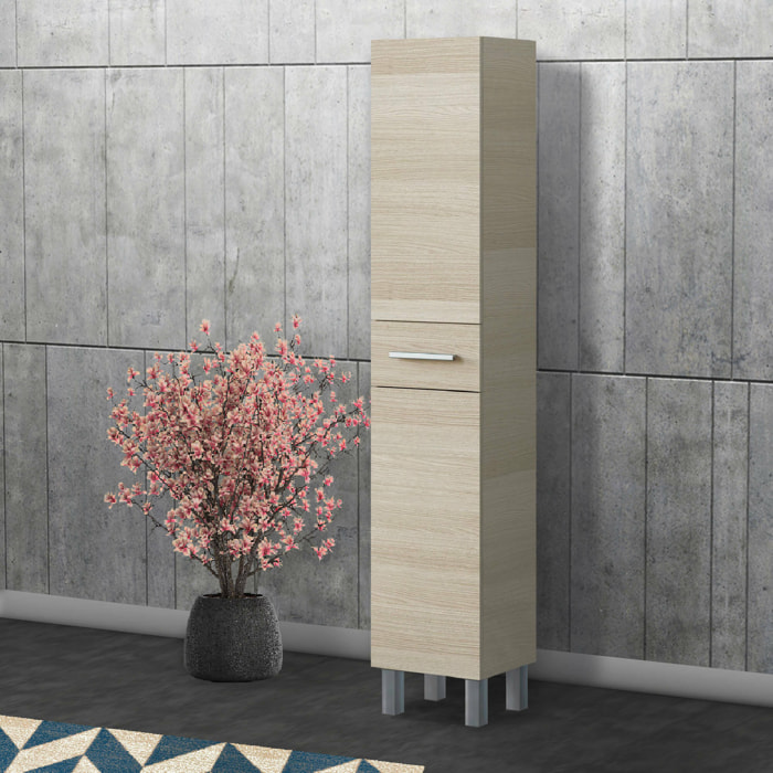 Mobile colonna Alka, Pensile bagno con 2 ante e 1 cassetto, Armadio alto, 35x31h182 cm, Rovere
