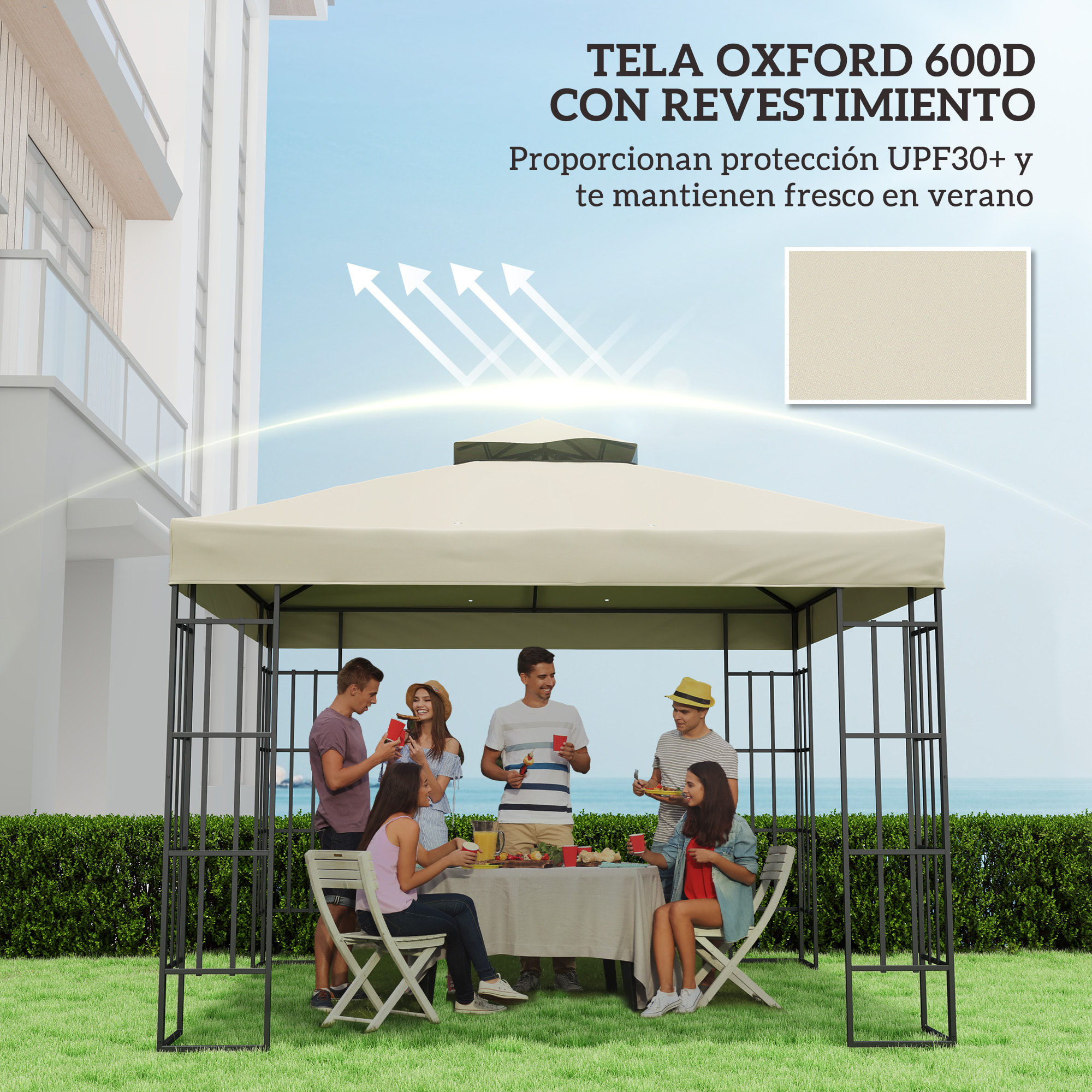 Techo de Repuesto para Cenador 3x3 m Cubierta de Repuesto 370g/ãŽ¡ con Techo Doble con Mosquitera Protección UV 30+ Toldo de Recambio para Pabellón Gazebo Crema