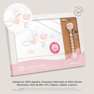 Triptico Cuna Cigueña Oso + Broche Bco/Rosa