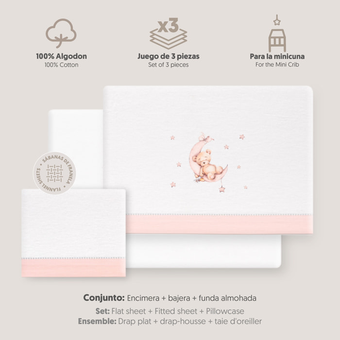 Triptico Minicuna Franela Estampado Oso Luna Estrellas Bco/Rosa