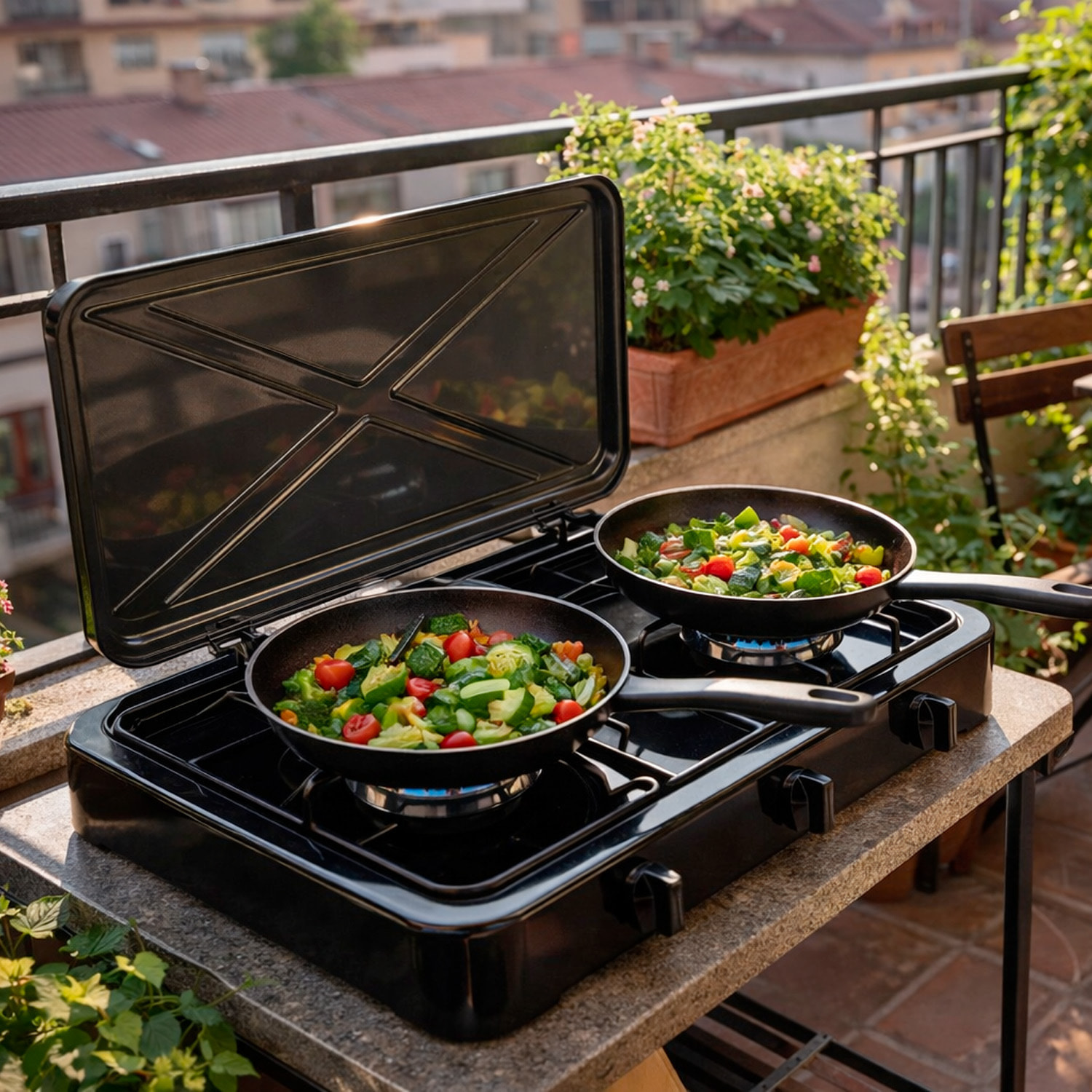 Fornello A Gas Portatile 2 Fuochi con Coperchio Piano Cottura Campeggio GPL Gas Naturale Fornello da Camping In Acciaio Con Griglie Smaltate